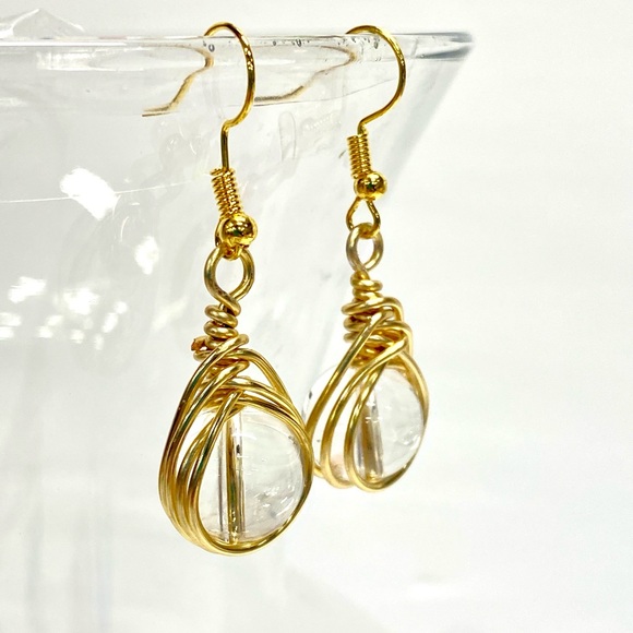 HANDMADE Genuine Clear Quartz Wrapped Dangle Earrings - Picture 6 of 9